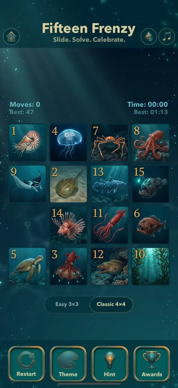 Fifteen Frenzy Ocean Depths puzzle screen with sea-creature tiles