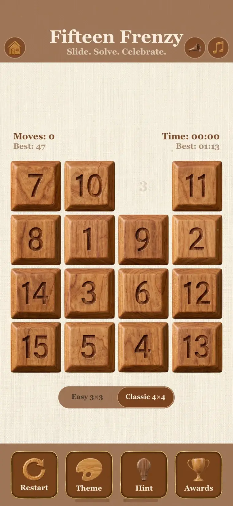 Fifteen Frenzy Wooden puzzle screen with numbered wooden tiles